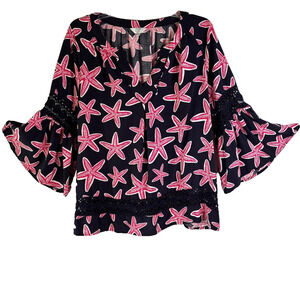Crown & Ivy Petite Blouse 3/4 Bell Sleeve Navy & Pink Starfish‎ Women's Size PXL